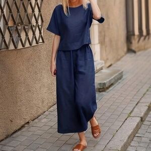 Chic Two-piece Pants Set Crew Neck Top Wide Leg Pants Navy Blue